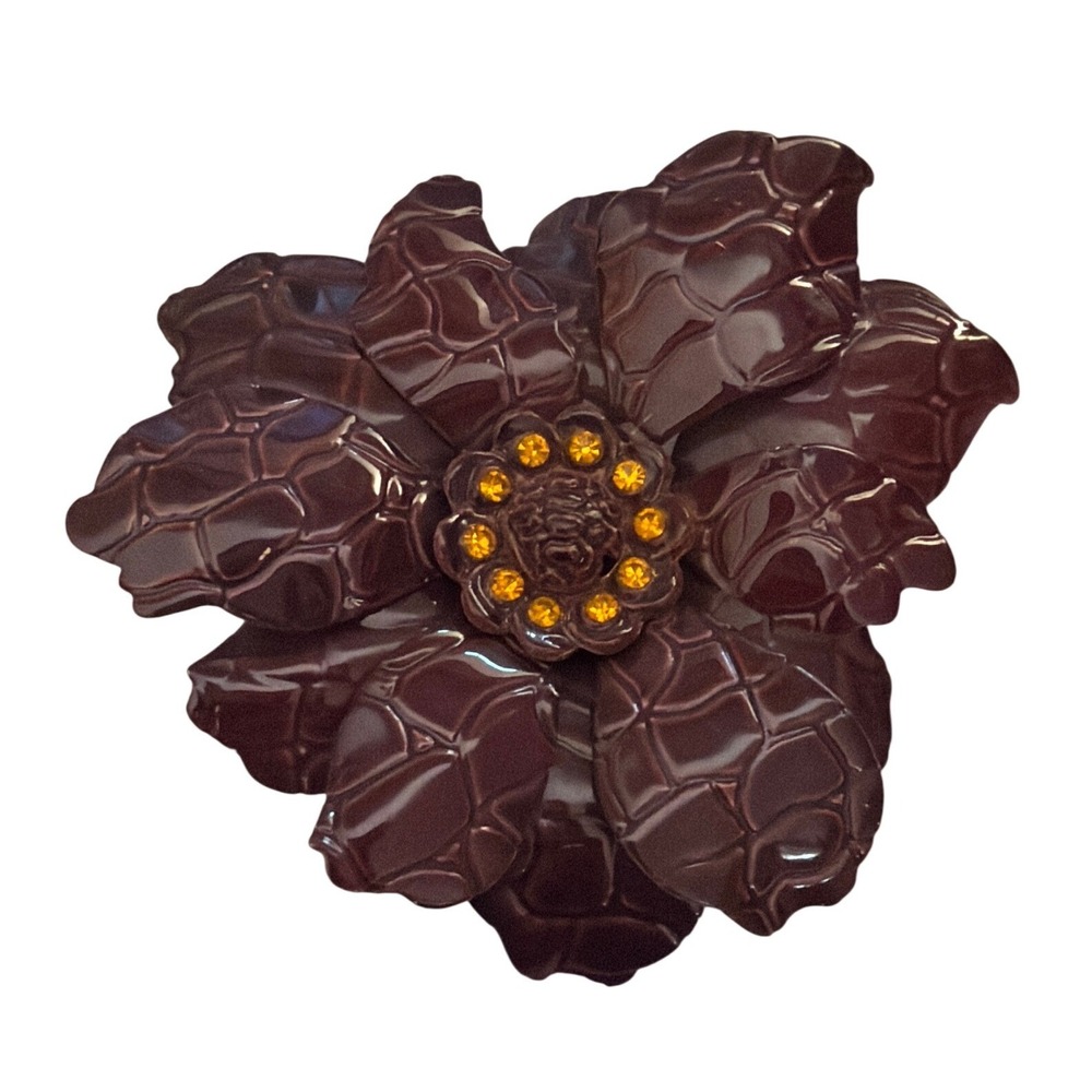 Vintage Fallcore Flower Brooch Burgundy Enamel Autumnal Retro Whimsigoth MCM